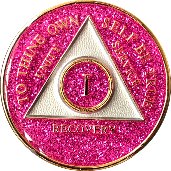 AA Medallion Pink Glitter Tri-Plate Sobriety Chip Year 1 - 45 - RecoveryChip