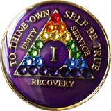 1 Year AA Medallion Purple Tri-Plate Rainbow Swarovski Crystal Sobriety Chip - RecoveryChip