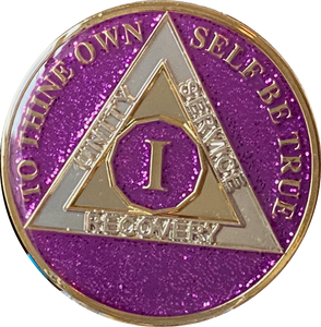 1 Year AA Medallion Violet Purple Glitter Tri-Plate Sobriety Chip