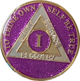 1 Year AA Medallion Violet Purple Glitter Tri-Plate Sobriety Chip