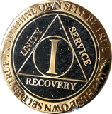 1 Year AA Medallion Reflex Milky Way Glitter Black Gold Plated Sobriety Chip - RecoveryChip