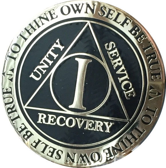 1 Year AA Medallion Reflex Black Gold Plated Alcoholics Anonymous RecoveryChip Design - RecoveryChip