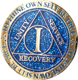 1 2 3 4 5 6 7 8 9 or 10 Year AA Medallion Reflex Glitter Blue Gold Plated Sobriety Chip - RecoveryChip