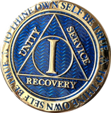 Paint Issue On Back 1 Year AA Medallion Reflex Blue Gold Plated Sobriety Chip - RecoveryChip