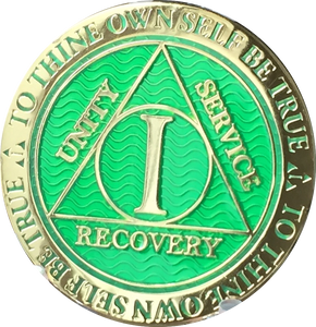 1 Year AA Medallion Reflex Green Gold Plated Alcoholics Anonymous RecoveryChip Design - RecoveryChip