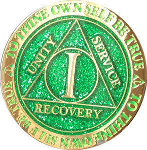 1 Year AA Medallion Reflex Glitter Green Gold Plated Sobriety Chip - RecoveryChip