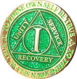 1 Year AA Medallion Reflex Glitter Green Gold Plated Sobriety Chip - RecoveryChip