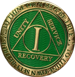 1 Year AA Medallion Reflex Green Gold Plated Alcoholics Anonymous RecoveryChip Design - RecoveryChip