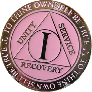 1 Year AA Medallion Reflex Glow In The Dark Gold Plated Pink Sobriety Chip - RecoveryChip