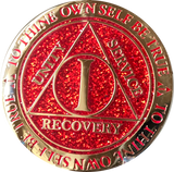 1 Year AA Medallion Reflex Glitter Red Gold Plated Sobriety Chip - RecoveryChip