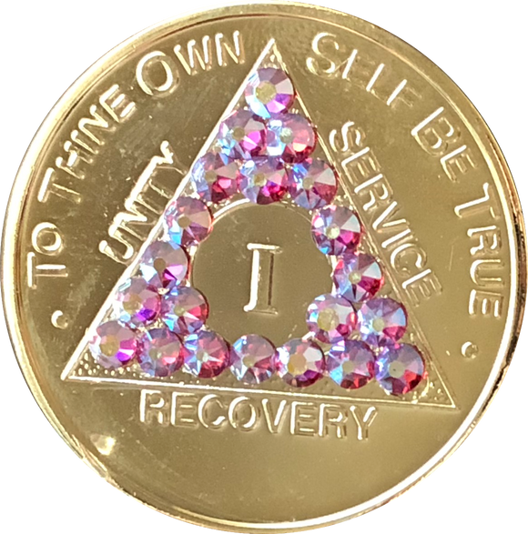 Rose Swarovski Crystal AA Medallion Gold Plated Sobriety Chip Year 1 - 56 - RecoveryChip