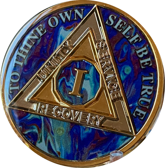 1 Year AA Medallion Sapphire Blue Swirl Tri-Plate Sobriety Chip