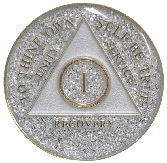 AA Medallion Silver Glitter Tri-Plate Sobriety Chip Year 1 - 40