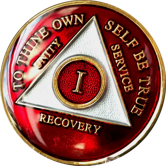 Red Gold Tri-Plate AA Medallion 24 Hours 18 Month Year 1 - 45 Sobriety Chip - RecoveryChip