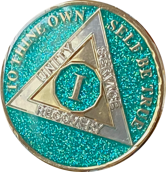 1 Year AA Medallion Caribbean Turquoise Glitter Tri-Plate Sobriety Chip