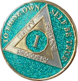 1 Year AA Medallion Caribbean Turquoise Glitter Tri-Plate Sobriety Chip