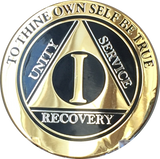 1 Year AA Medallion Elegant Black Gold & Silver Plated Alcoholics Anonymous RecoveryChip Design - RecoveryChip