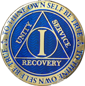 1 Year AA Medallion Reflex Blue Gold Plated Alcoholics Anonymous RecoveryChip Design - RecoveryChip