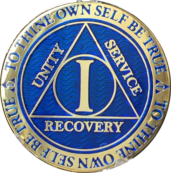 1 Year AA Medallion Reflex Blue Gold Plated Alcoholics Anonymous RecoveryChip Design - RecoveryChip