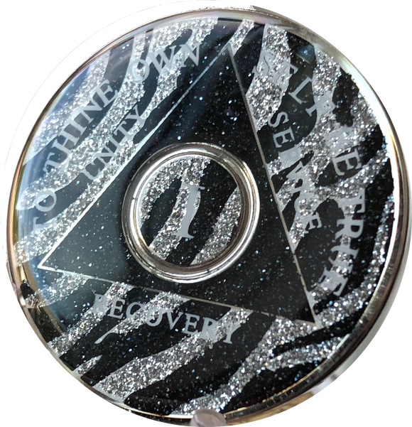 AA Medallion Zebra Animal Print Sobriety Chip Year 1 - 45 Tri-Plate - RecoveryChip