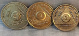 Lot of 3 Alcoholics Anonymous AA Bronze 24hrs 1 2 Month Medallions Chips Coins - RecoveryChip