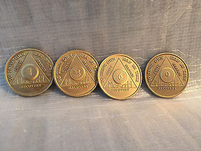 Lot of 4 Alcoholics Anonymous AA Bronze 1 3 6 9 Month Medallions Chips Coins - RecoveryChip