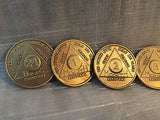 Lot of 7 Alcoholics Anonymous AA Bronze 24hrs 1 2 3 6 9 Month 1 Year Medallions - RecoveryChip