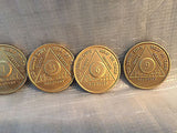 Lot of 4 Alcoholics Anonymous AA Bronze 1 3 6 9 Month Medallions Chips Coins - RecoveryChip