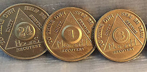 Lot of 3 Alcoholics Anonymous AA Bronze 24hrs 1 3 Month Medallions Chips Coins - RecoveryChip