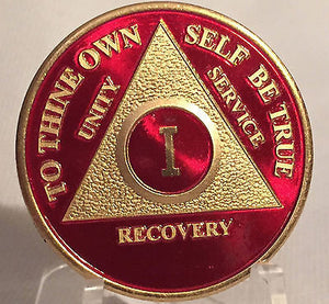 Red & Gold Plated Any Year 1 - 65 AA Chip Alcoholics Anonymous Medallion Coin - RecoveryChip