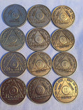 Set of 12 Monthly Bronze AA Alcoholics Anonymous Medallion Month 1 - 11 & 24hrs - RecoveryChip