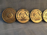 Lot of 5 Alcoholics Anonymous AA Bronze 1 2 3 6 9 Month Medallions Chips Coins - RecoveryChip
