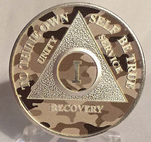 Camo & Silver Plated Any Year 1 - 65 AA Chip Alcoholics Anonymous Medallion Coin Plate - RecoveryChip