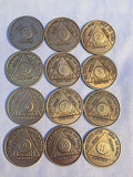 Set of 12 Monthly Bronze AA Alcoholics Anonymous Medallion Month 1 - 11 & 24hrs - RecoveryChip