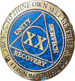 1 2 3 4 5 6 7 8 9 10 15 20 25 or 30 Year AA Medallion Reflex Glitter Blue Gold Plated Sobriety Chip