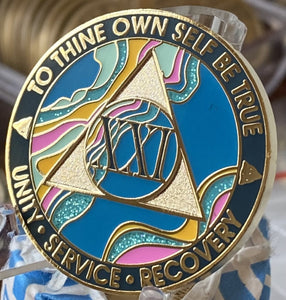 21 Year AA Medallion Elegant Tahiti Teal Blue and Pink Marble Gold Sobriety Chip