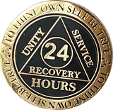 24 Hours AA Medallion Elegant Black Gold Plated Alcoholics Anonymous RecoveryChip Design - RecoveryChip
