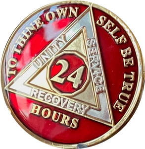 24 Hours AA Medallion Metallic Red Color Tri-Plate Sobriety Chip