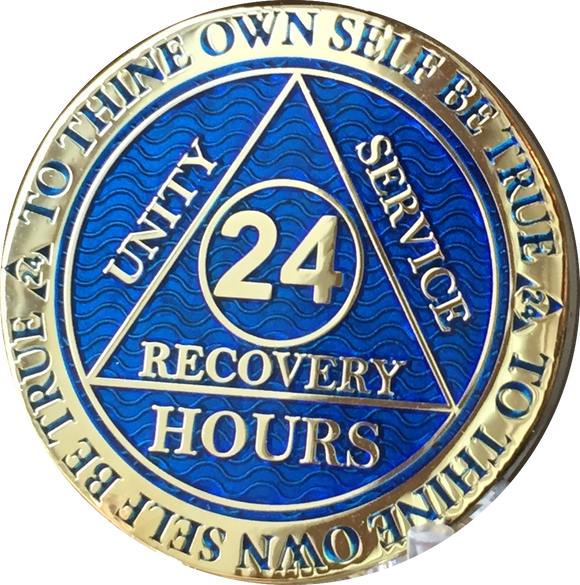 24 Hours AA Medallion Reflex Blue Gold Plated Alcoholics Anonymous RecoveryChip Design - RecoveryChip