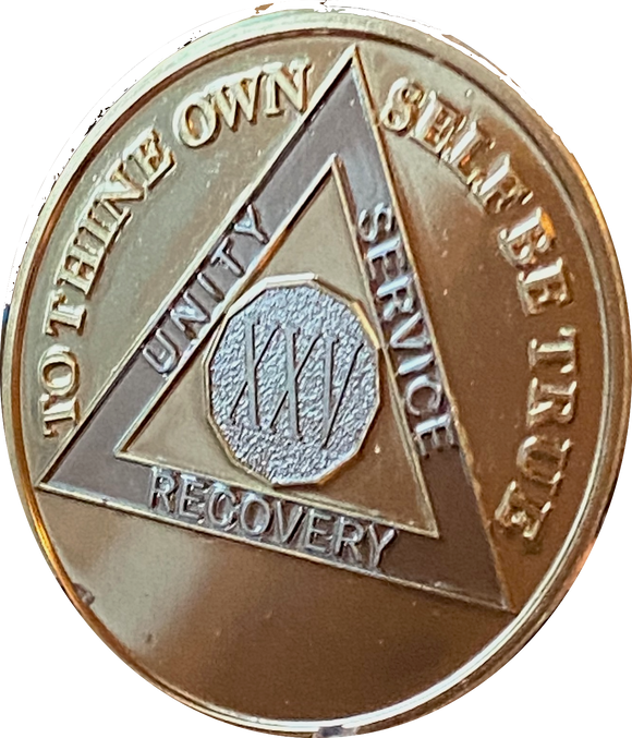 25 Year AA Sobriety Medallion – Reflex Blue Glitter & Gold Plated, Serenity Prayer