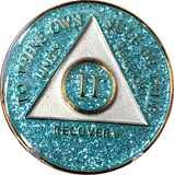 AA Medallion Aqua Blue Glitter Tri-Plate Sobriety Chip Year 1 - 45 - RecoveryChip