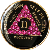 Pink Fuschia Swarovski Crystal AA Medallion Black Tri-Plate Sobriety Chip Year 1 - 50 - RecoveryChip