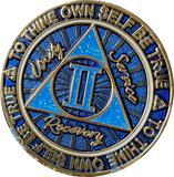 1 or 2 Year AA Medallion Cosmic Blue Glitter Gold Plated Sobriety Chip