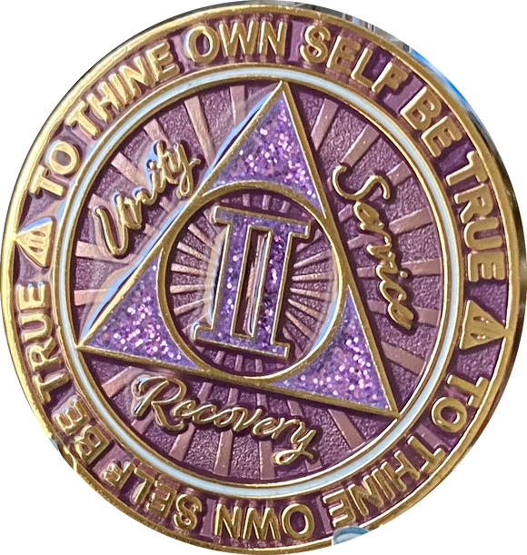 2 Year AA Medallion Cosmic Purple Glitter Gold Plated Sobriety Chip