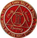 1 or 2 Year AA Medallion Cosmic Red Glitter Gold Plated Sobriety Chip