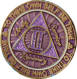 2 Year AA Medallion Cosmic Purple Glitter Gold Plated Sobriety Chip