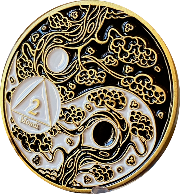 2 Month AA Medallion Ying Yang Black and White 60 Day Serenity Prayer Chip