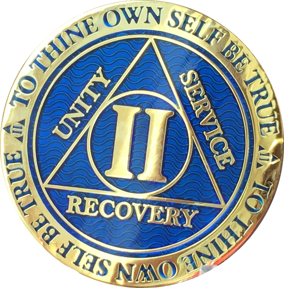 2 Year AA Medallion Reflex Blue Gold Plated Alcoholics Anonymous RecoveryChip Design - RecoveryChip