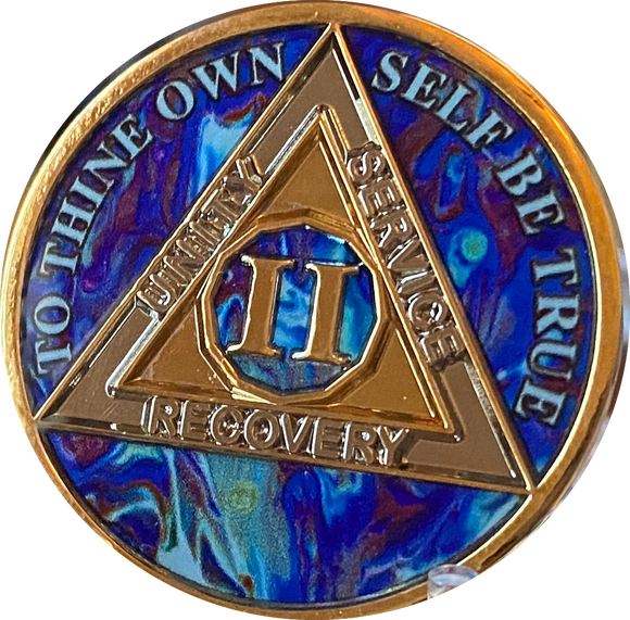 2 Year AA Medallion Sapphire Blue Swirl Tri-Plate Sobriety Chip