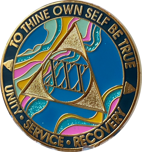 30 Year AA Medallion Elegant Tahiti Teal Blue and Pink Marble Gold Sobriety Chip